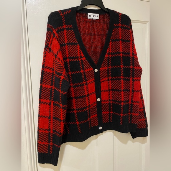 KIKIT red plaid button down crop cardigan jacket - Picture 13 of 14